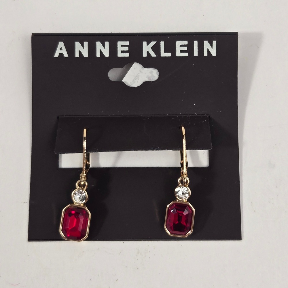 Anne Klein Gold Tone Red Emerald Cut Crystal Drop Leverback Earrings 01G00667